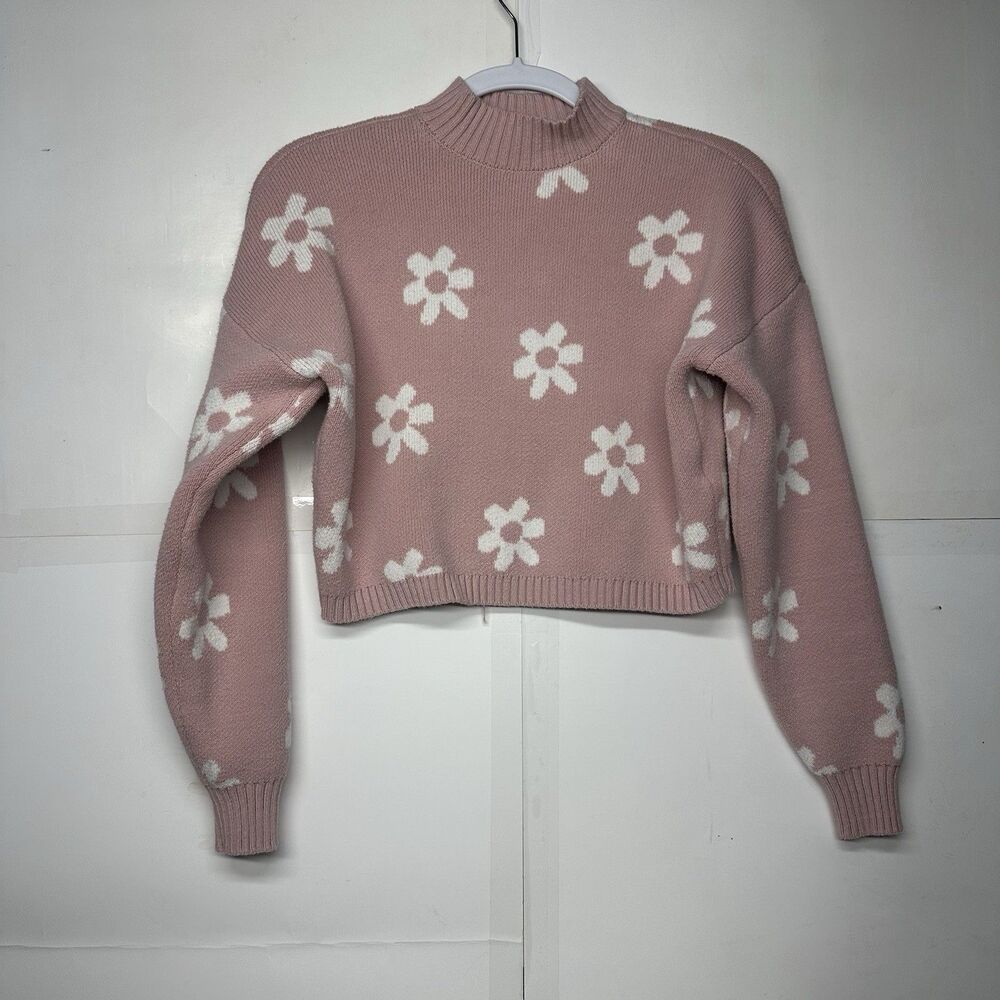 Hollister Women’s Small Cropped Sweater Pink Floral Mock Neck Knit Cottagecore